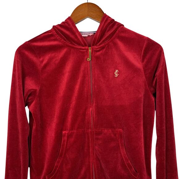 Juicy Couture Red Velvet Full Zip Hoodie Gold Logo Sweatshirt Kids Girls L 12-14 - Picture 2 of 8